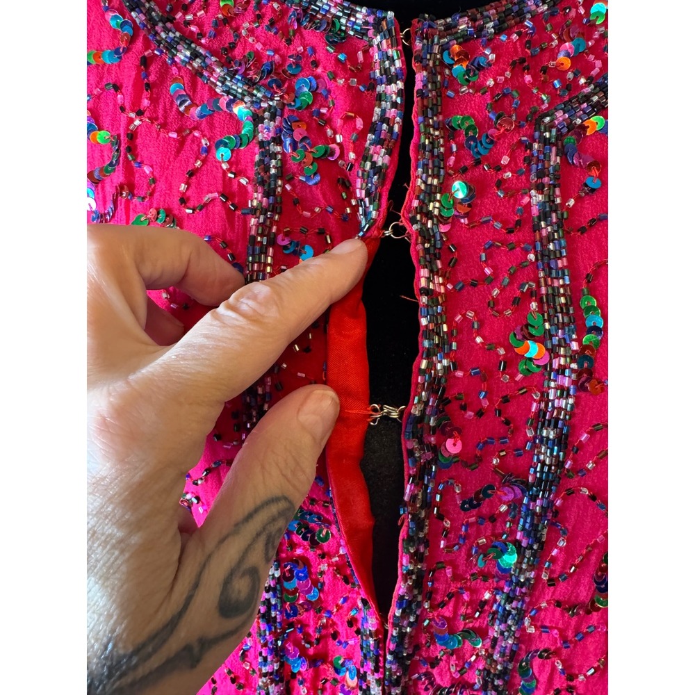 Vintage Pure Silk Beaded Sequin Evening Jacket Res Magenta Size S Gala Party - Picture 5 of 7
